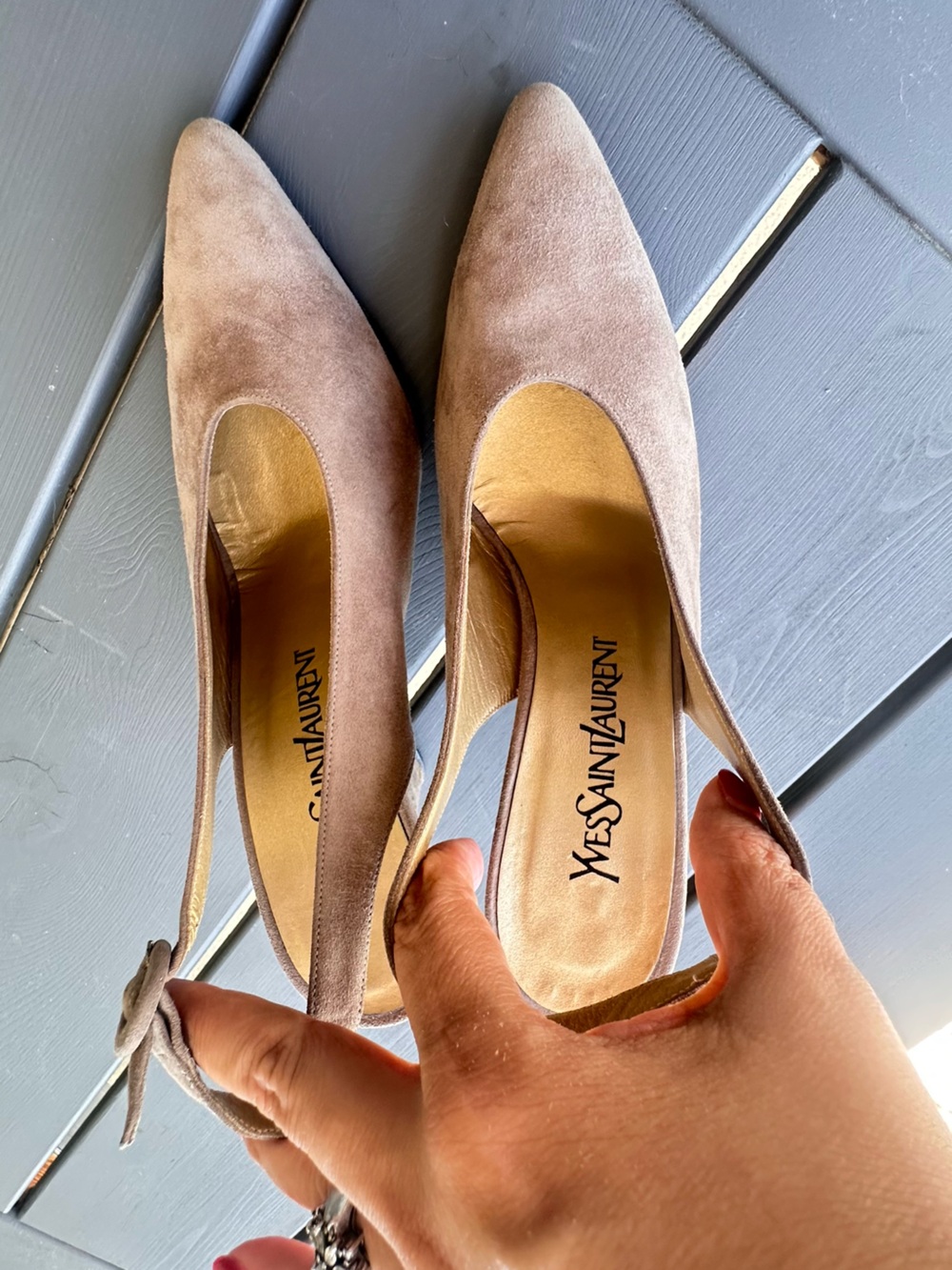 Saint Laurent Taupe Suede Pointed Slingback Pumps Sz 7.5 - Picture 6 of 11
